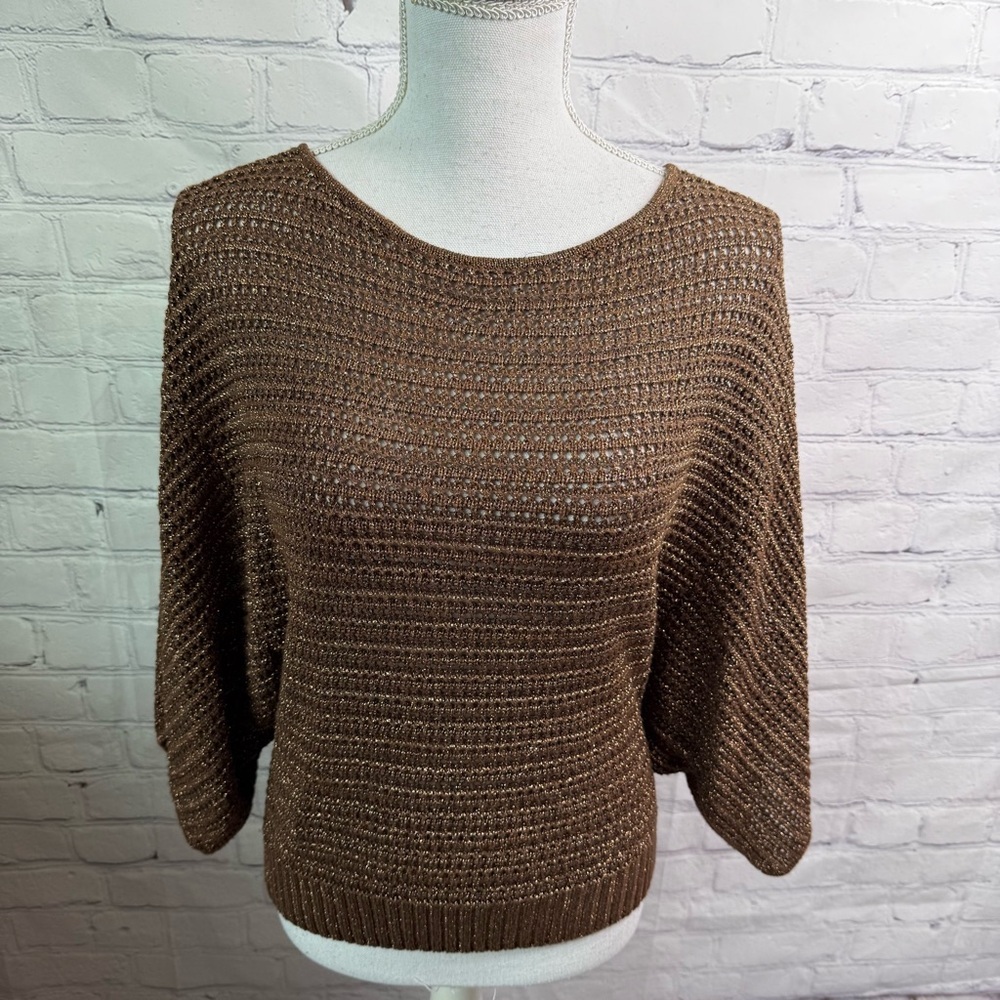 INC International Concepts Brown Knit Sweater Gold Metallic Thread Medium